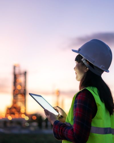 Asian woman petrochemical engineer working at night with digital tablet Inside oil and gas refinery plant industry factory at night for inspector safety quality control.